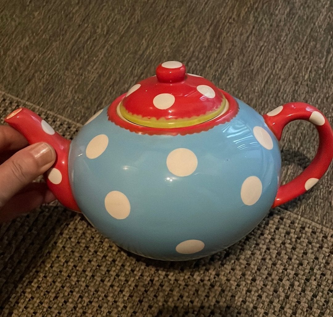 Blauw rood stippen theepot, Huis en Inrichting, Keuken | Servies, Ophalen, Overige typen, Overige stijlen, Glas