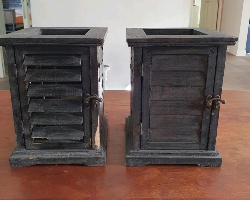 Louvre windlichten hout - opknappers 🤎, Gebruikt, Bruin, Ophalen of Verzenden, Kandelaar