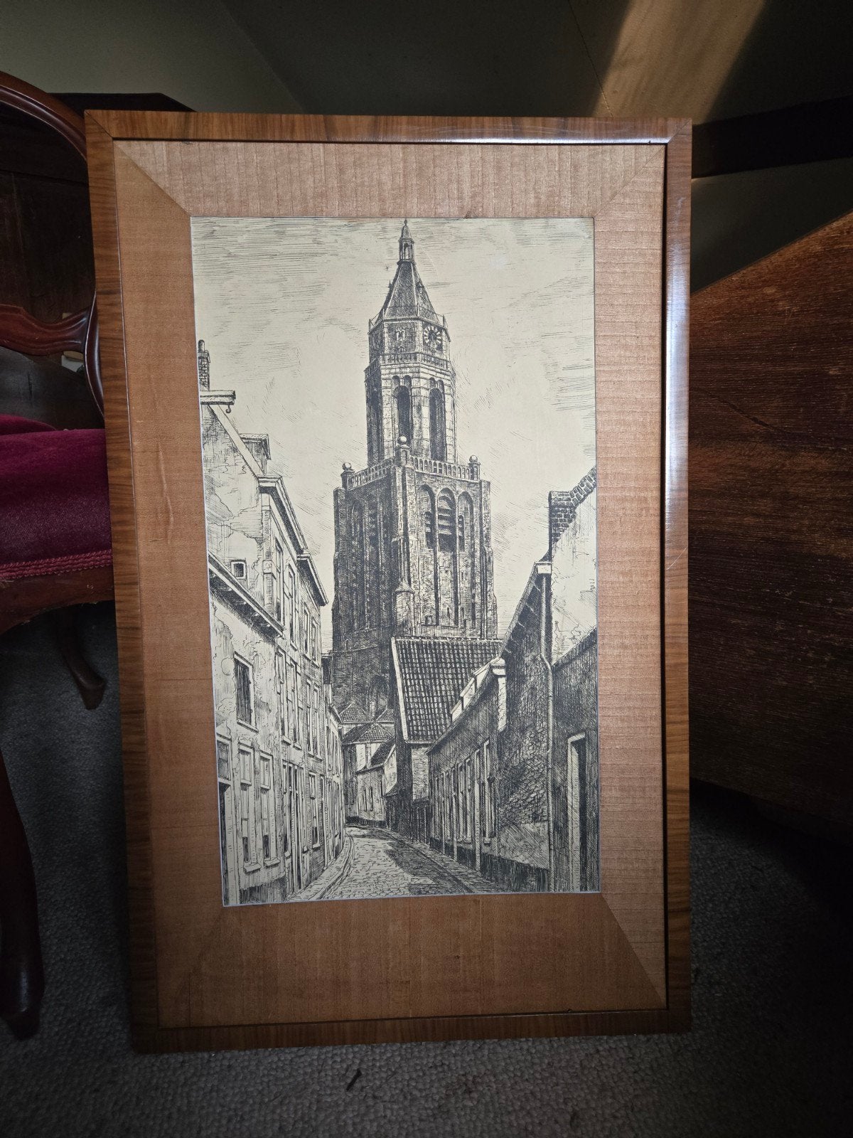 Antieke ets tekening Eusebiuskerk groot, Ophalen, Ets, Ingelijst