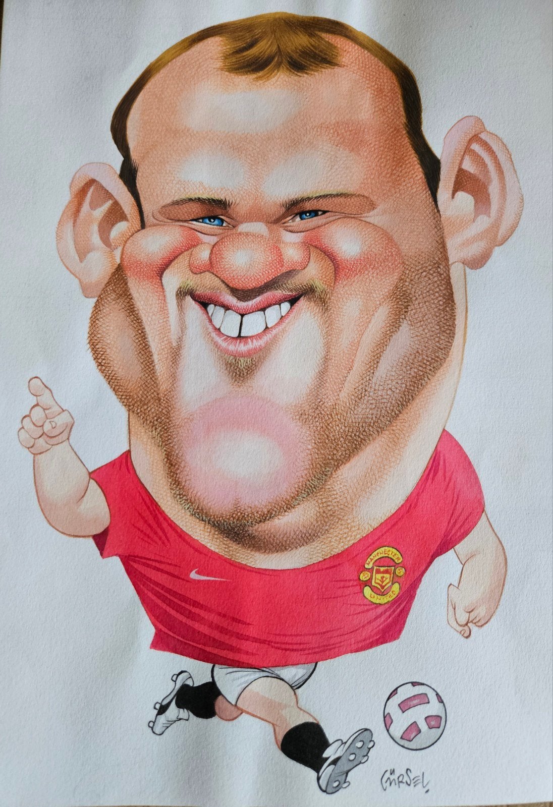 Originele karikatuur van voetballer Wayne Rooney door Gurcel, Antiek en Kunst, Kunst | Tekeningen en Foto's, Ophalen of Verzenden