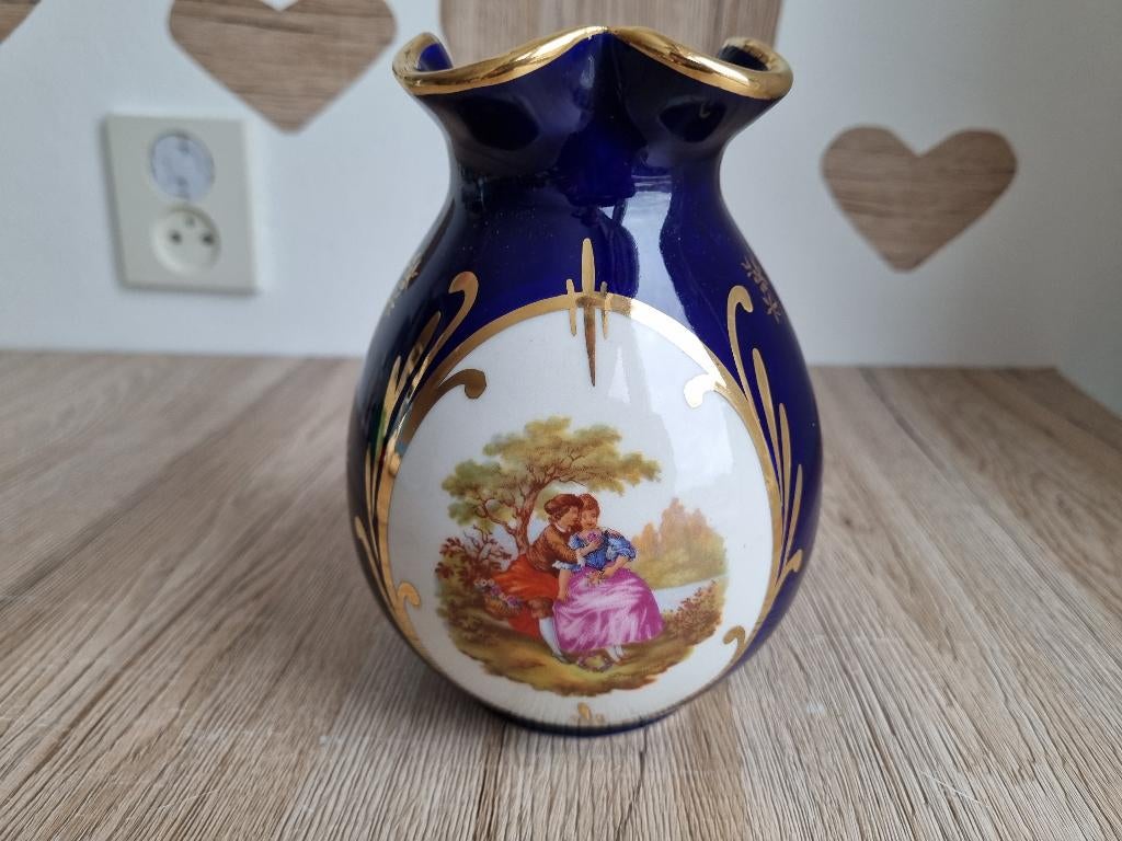 Prachtige Franse Vintage Fragonard Limoges Vaas Blauw Goud, Antiek en Kunst, Antiek | Vazen, Verzenden