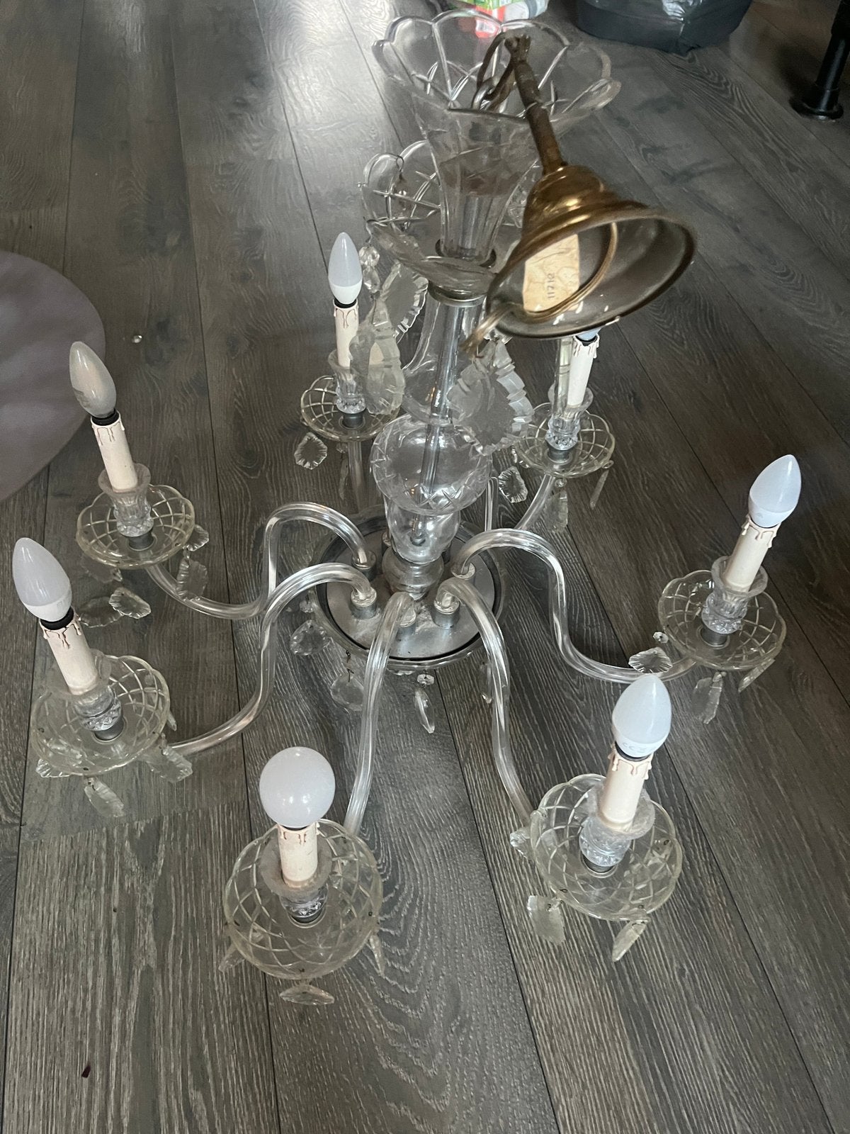 vintage glazen/kristallen kroonluchter – 8 lichtpunten, Huis en Inrichting, Ophalen, Zo goed als nieuw
