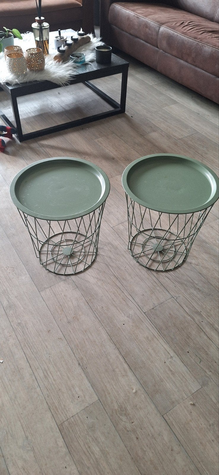 2 groene bijzettafels draadstaal, Ophalen, Minder dan 45 cm, Minder dan 55 cm, Rond
