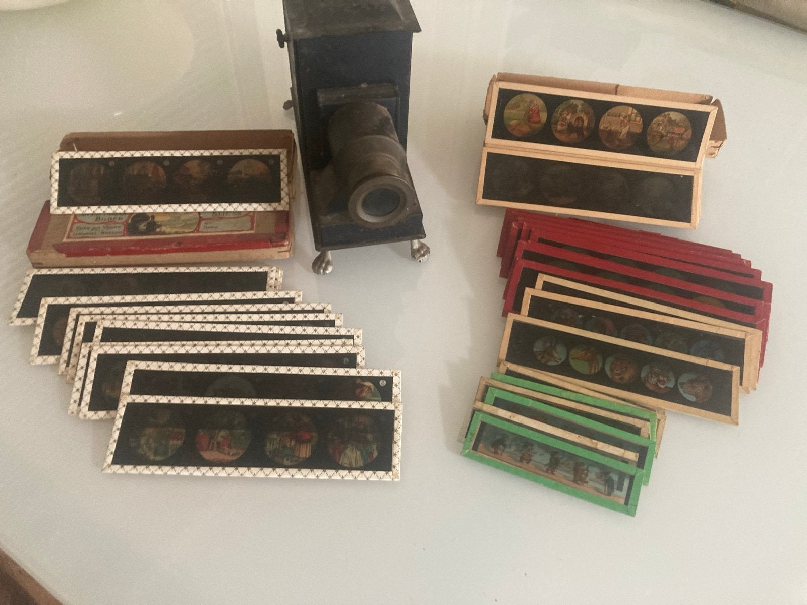 Antieke toverlantaarn met 20+ magische glasplaten, Ophalen of Verzenden, Gebruikt