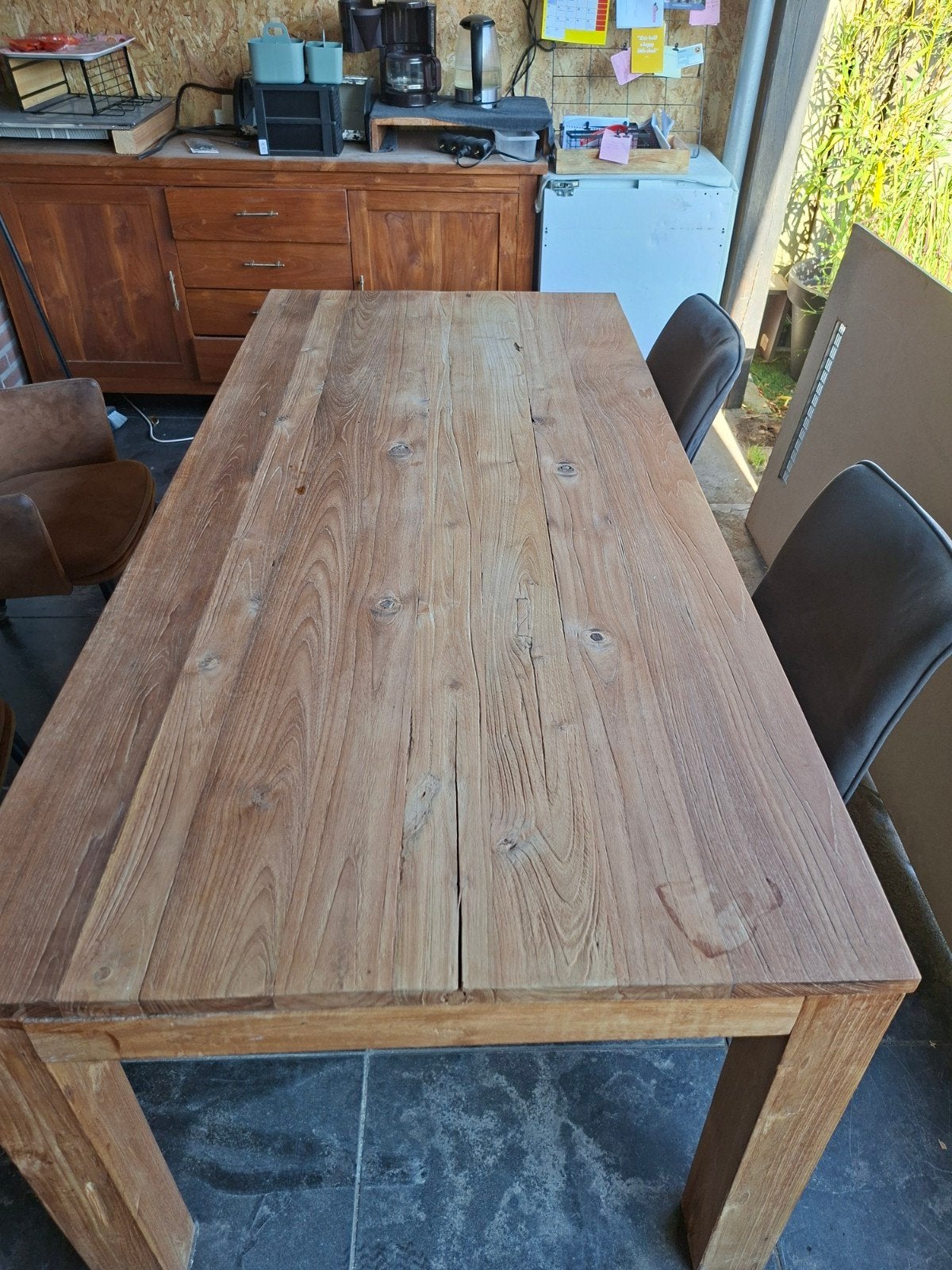 Teak houten tafel 190x 89x76 hoog, Gebruikt, Teakhout, Vijf personen of meer, 150 tot 200 cm