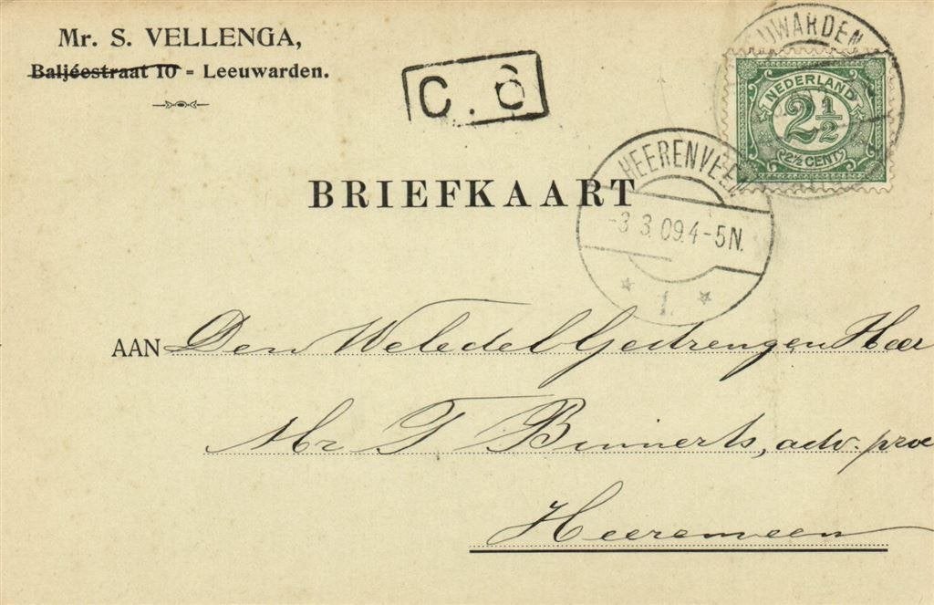 Mr. S. Vellenga, Leeuwarden - 03.1909 - briefkaart, Ophalen of Verzenden, Briefkaart