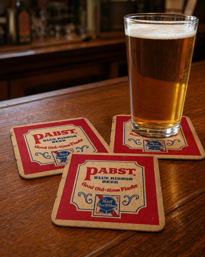 3 Vintage Pabst Blue Ribbon bierviltjes uit de jaren 60, Ophalen of Verzenden, Gebruikt, Viltje(s), Overige merken