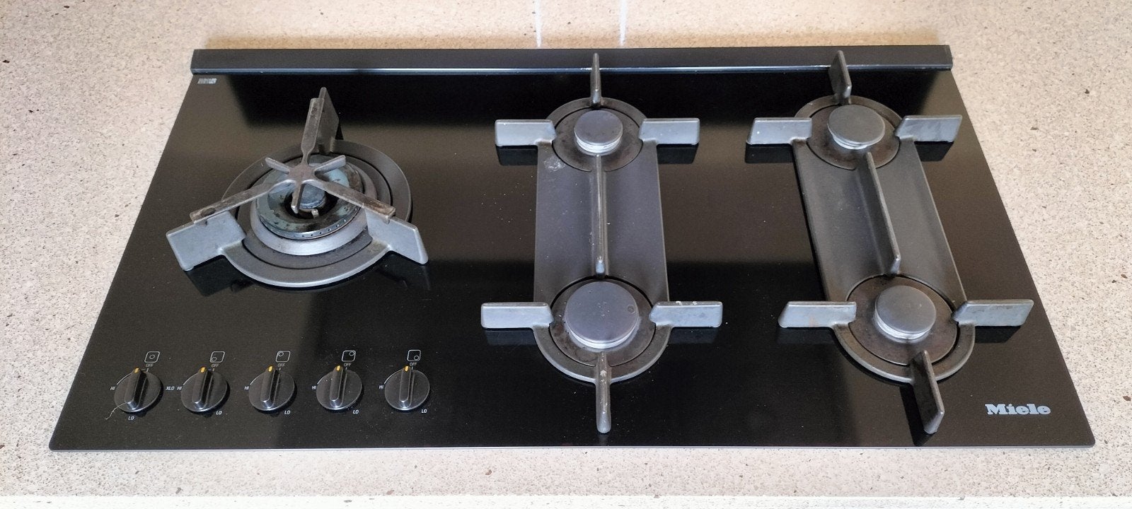 Miele gas op glas kookplaat met 5 pitten - Zwart glas, Witgoed en Apparatuur, Gebruikt, Ophalen of Verzenden, Inbouw, Gas