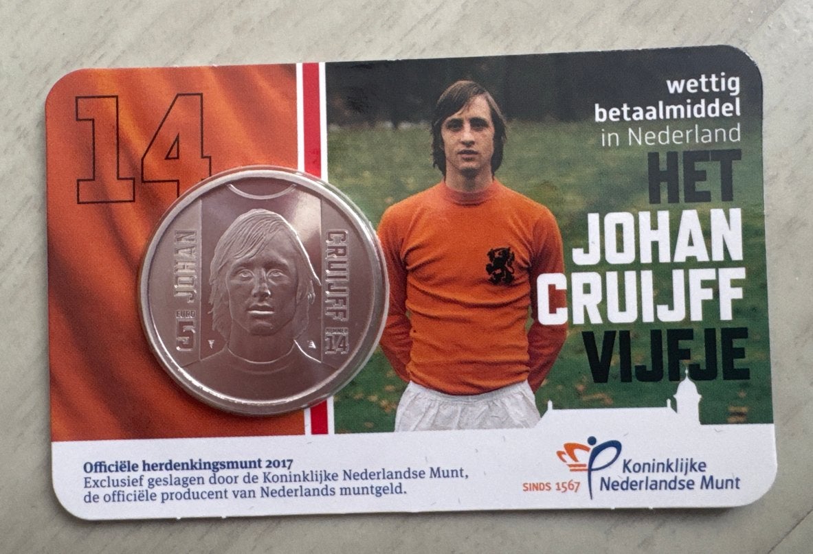 Johan Cruijff Vijfje 2017 - Zwaar Verzilverde Herdenkingsmun, Postzegels en Munten, Verzenden, Zilver, Losse munt, 5 gulden