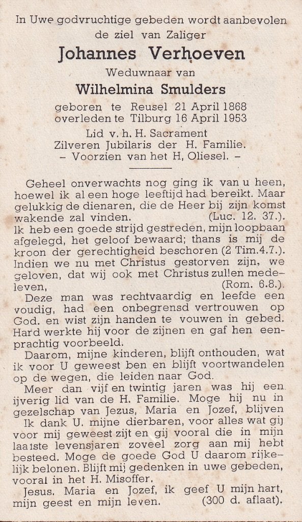 Verhoeven Johannes 1868 Reusel 1953 Tilburg, Verzamelen, Bidprentjes en Rouwkaarten, Ophalen of Verzenden, Bidprentje