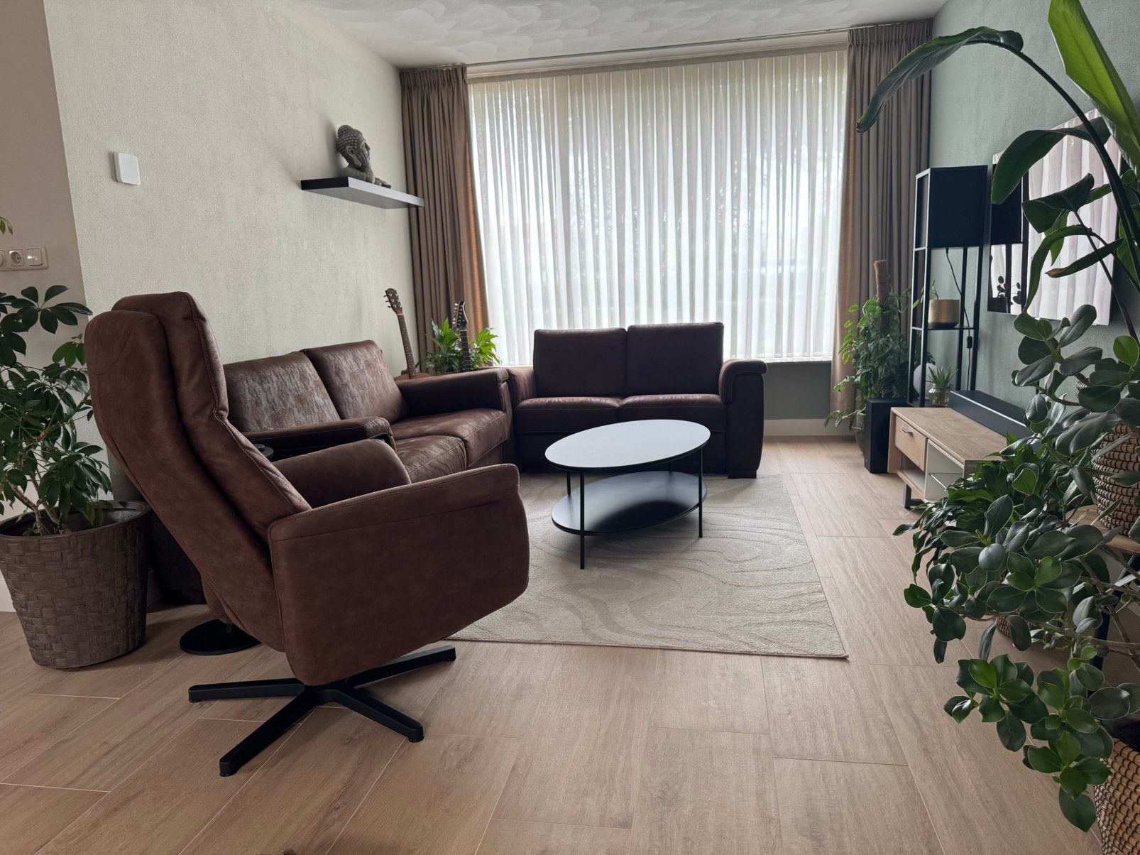 Bankstel bruin leer / 2 + 2,5-zits, Ophalen, Gebruikt, 150 tot 200 cm, Rechte bank