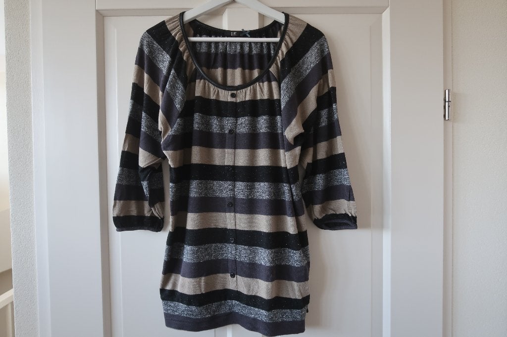 Vlotte trui merk Dept maat L gestreept zwart/grijs/beige, Zwart, Maat 42/44 (L), Ophalen of Verzenden, Gedragen