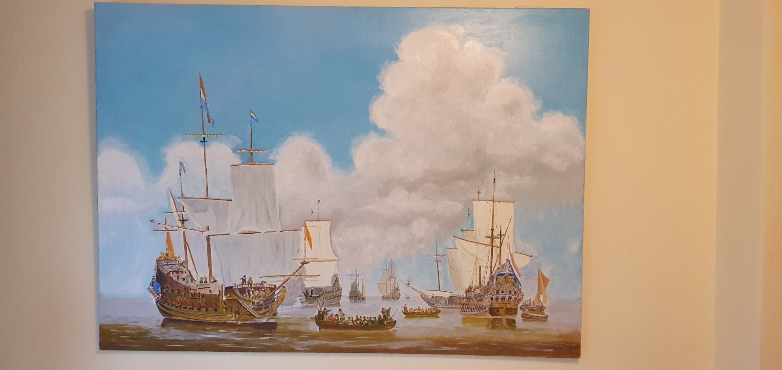 Olieverfschilderij: Historische Schepen op Zee, Maritiem / water, Doek, Realistisch, Ophalen of Verzenden