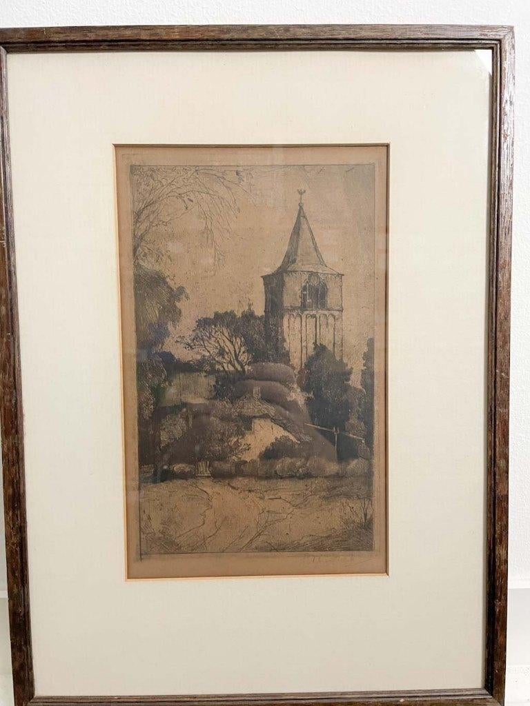 Arend Jan van Driesten ( 1878-1969) ets kerktoren, Ets, Stadsgezicht, Ophalen of Verzenden, 15 cm