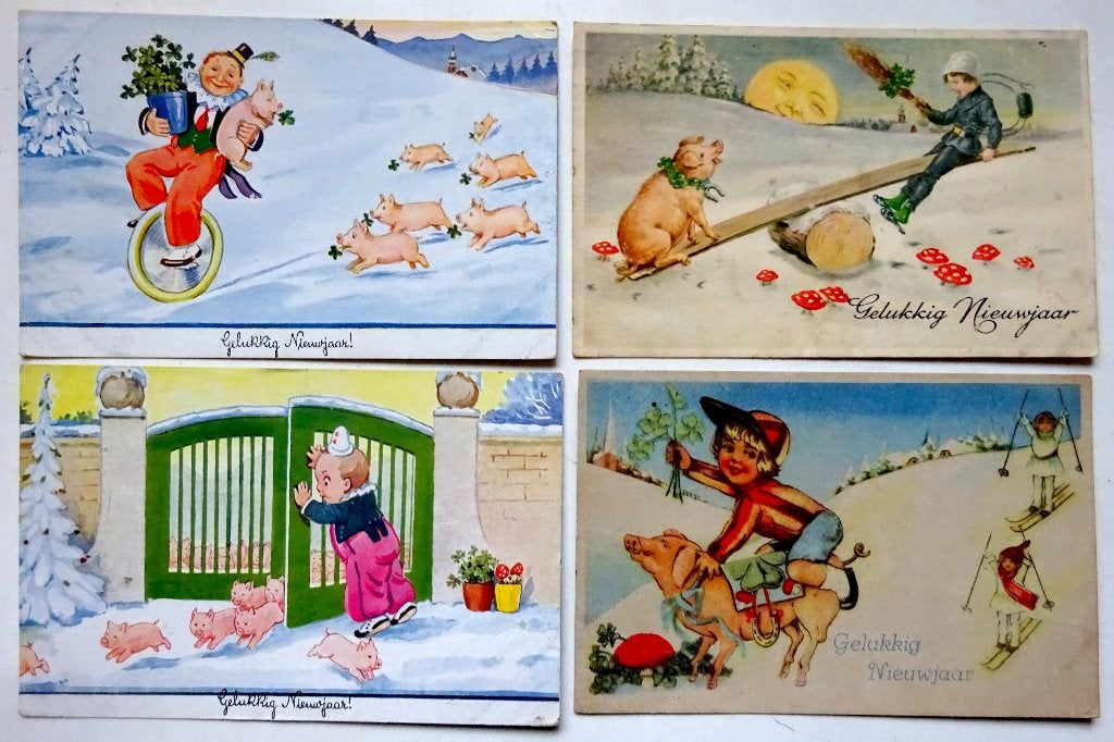 4 x Gelukkig Nieuwjaar, kind, varken, klavertje 4., Verzamelen, Ansichtkaarten | Themakaarten, Ophalen of Verzenden, 1940 tot 1960