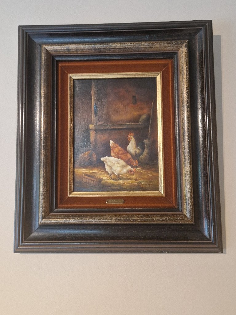 Freddy Baeten 'Stalinterieur met kippen ', Doek, Realistisch, Dieren, Ophalen of Verzenden