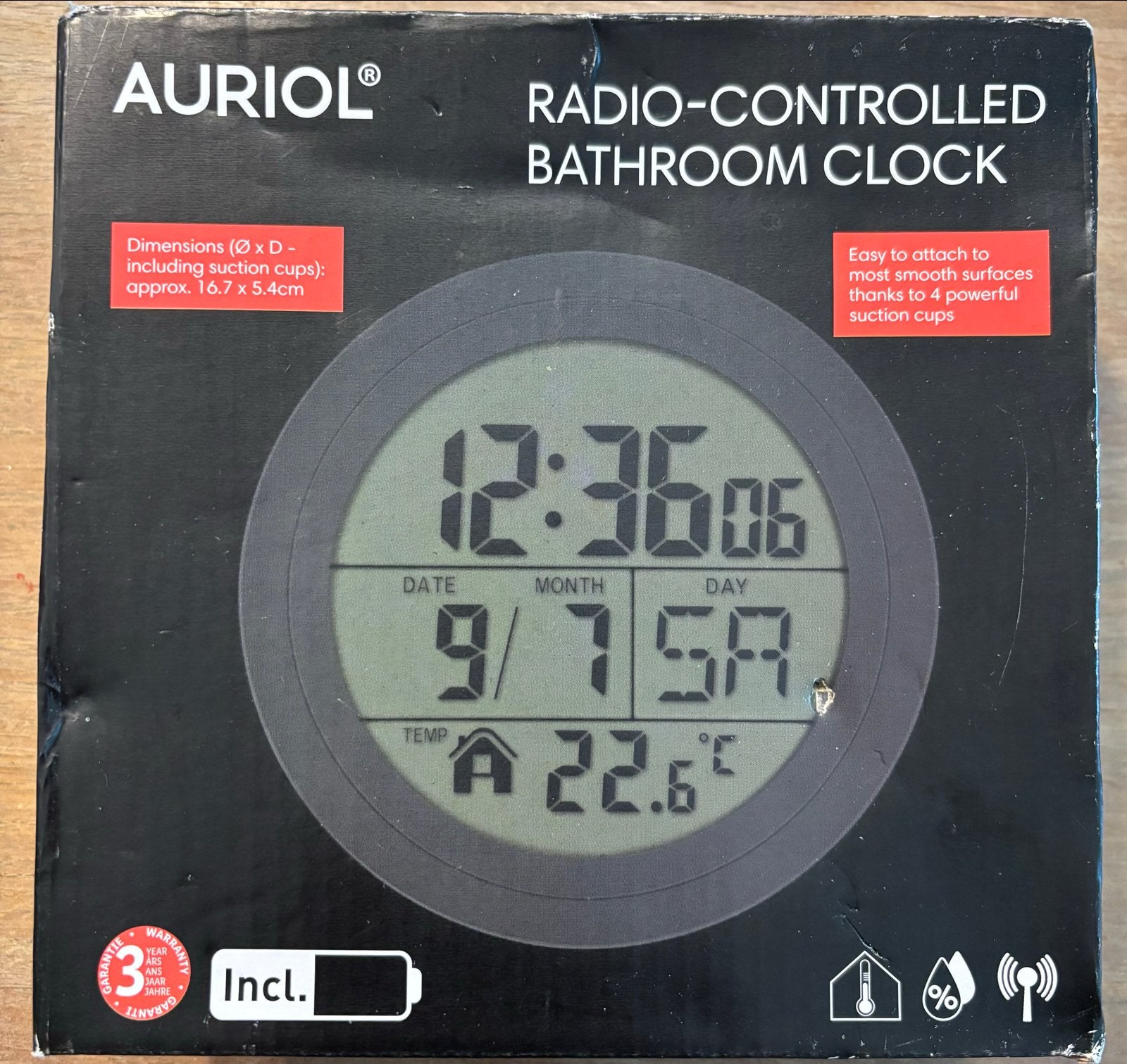 Auriol Radiogestuurde Badkamerklok - Digitaal & Spatwaterdic, Ophalen, Wandklok, Auriol, Radiogestuurd