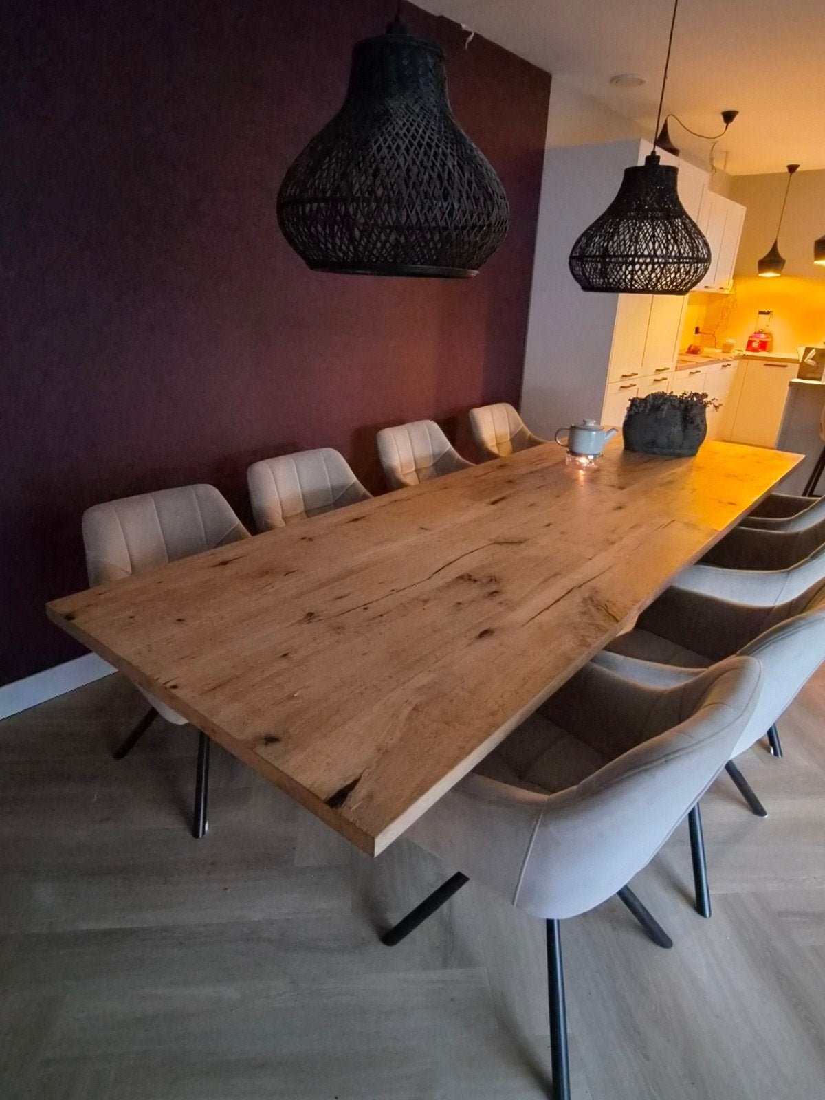 Massief eiken eettafel met stalen matrix poten, Ophalen, 100 tot 150 cm, 200 cm of meer, Zo goed als nieuw