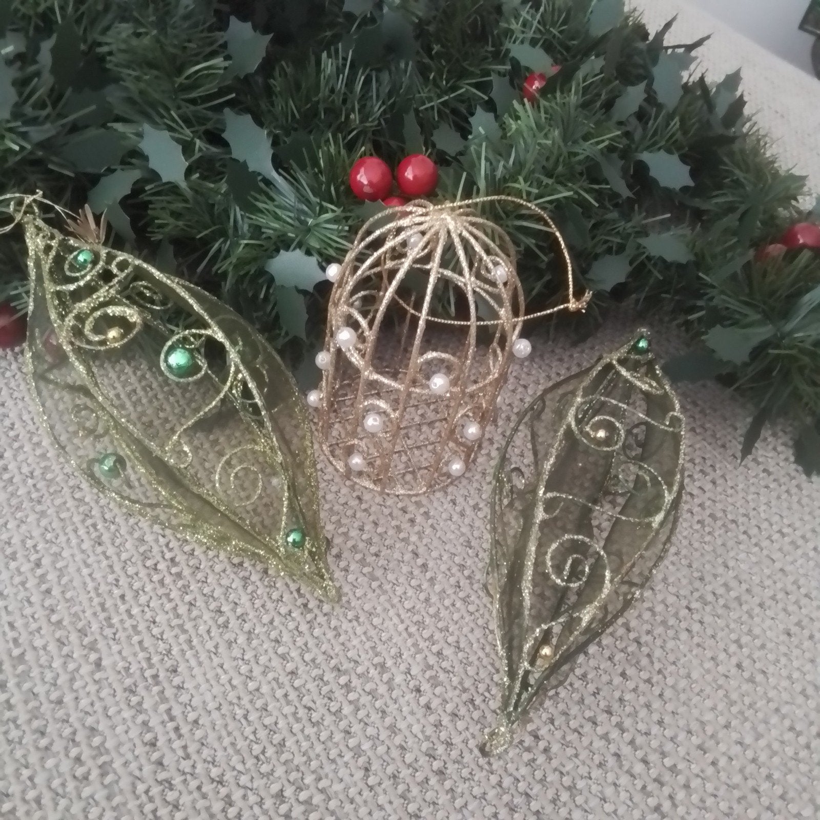 3 Kerst hangers, metaaldraad, gaas & parels, Diversen, Ophalen of Verzenden