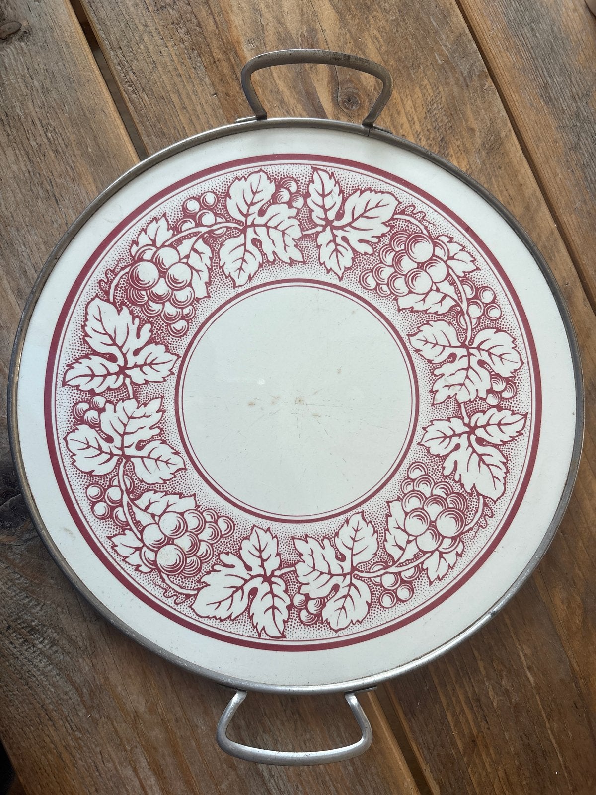 Vintage serveerschaal met druivendecor,metalen serveerhouder, Ophalen of Verzenden