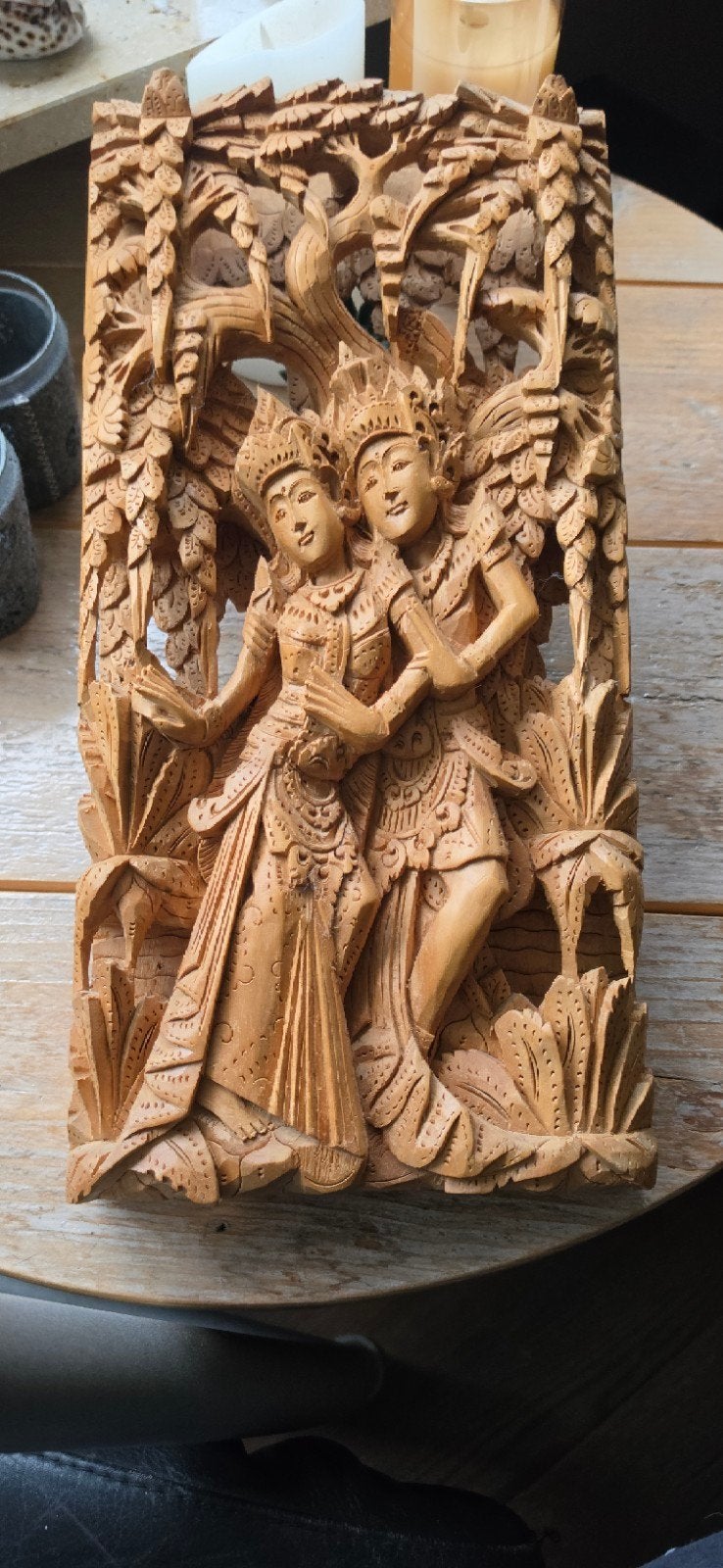 Handgesneden Balinees houten paneel - Dansers, Antiek en Kunst, Ophalen of Verzenden, Handgemaakt, 20 - 50 cm, Hout