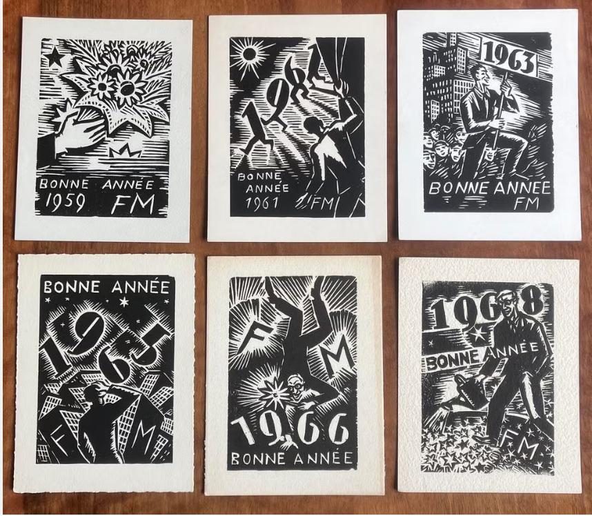 Frans Masereel - 6 originele nieuwjaarskaarten, Antiek en Kunst, Ophalen of Verzenden, 13 cm, 10 cm, 1950 - 1999