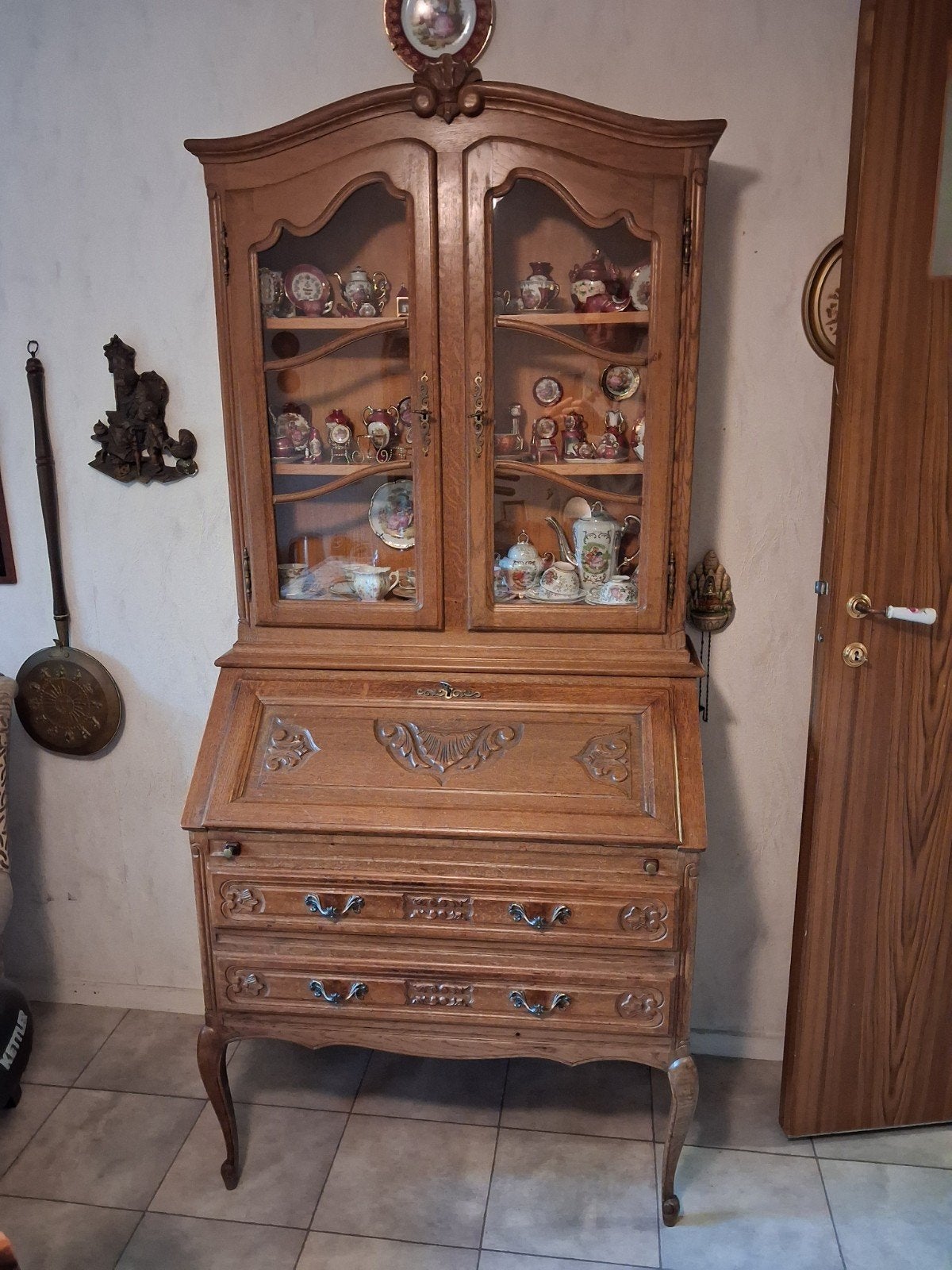 Antieke secretaire met vitrinekast - massief hout, Antiek en Kunst, Ophalen of Verzenden