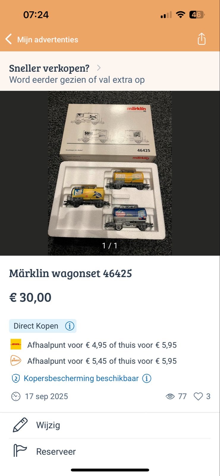 Märklin wagonset 46425 - Zo goed als nieuw, Wisselstroom, Wagon, Ophalen of Verzenden, Zo goed als nieuw