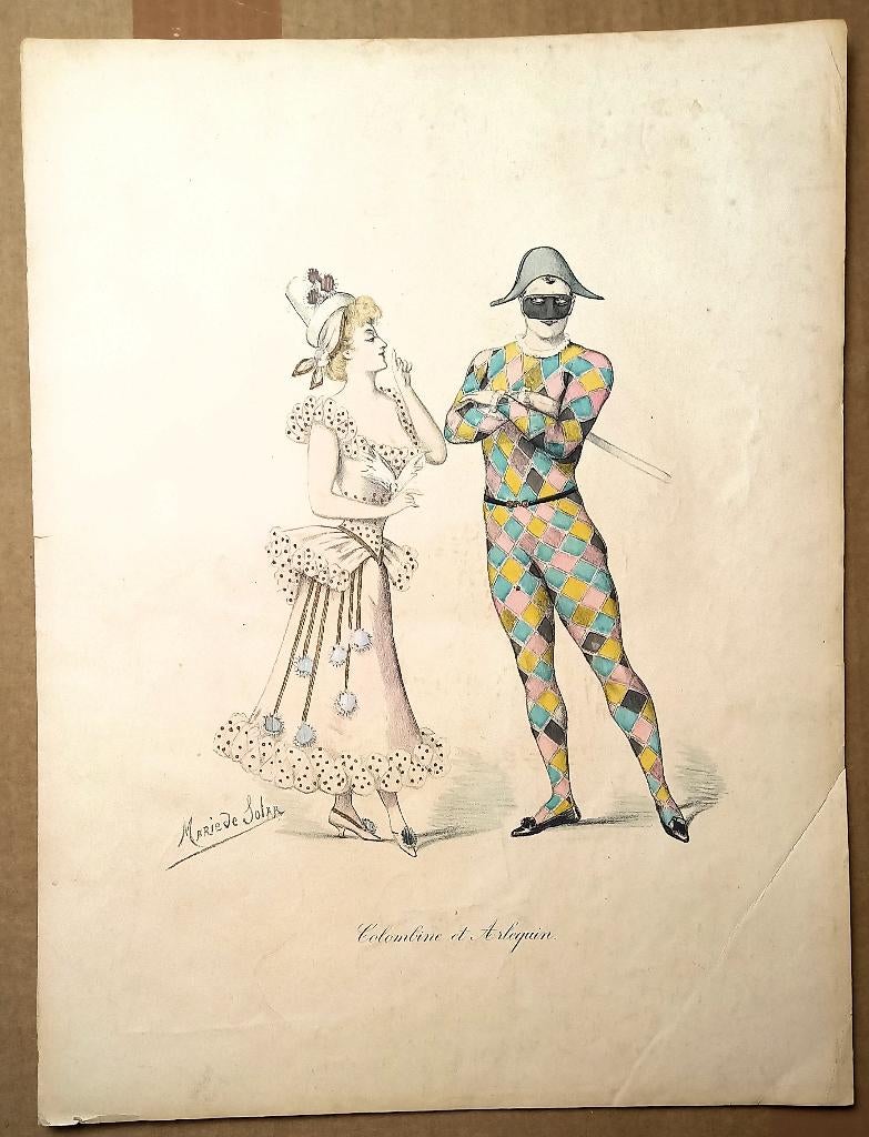 Prent Colombine et Arlequin - Harlekijn en Colombina, Ophalen of Verzenden