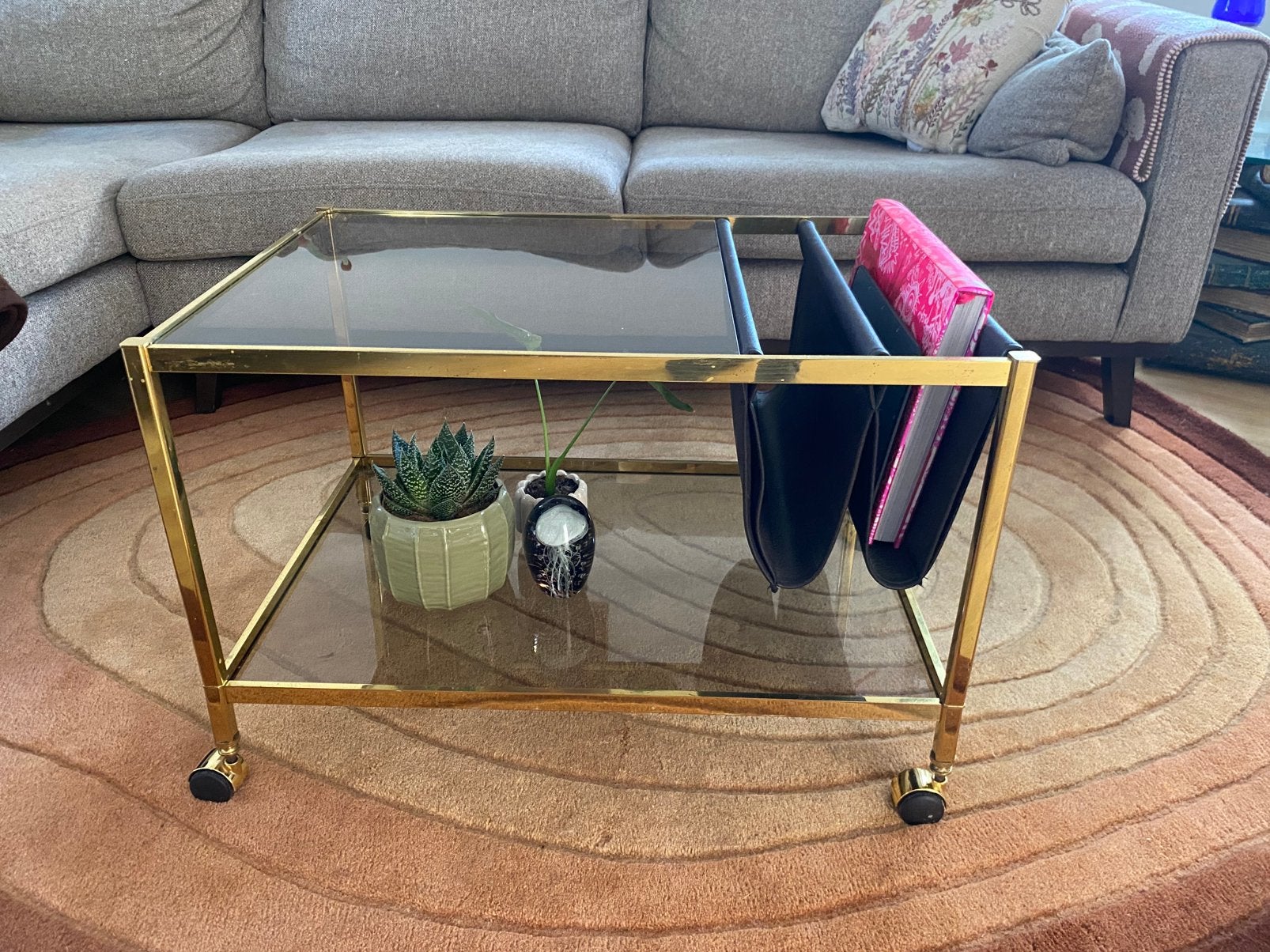 Retro salontafel met getint glas, Ophalen, Gebruikt, 50 tot 100 cm, Glas