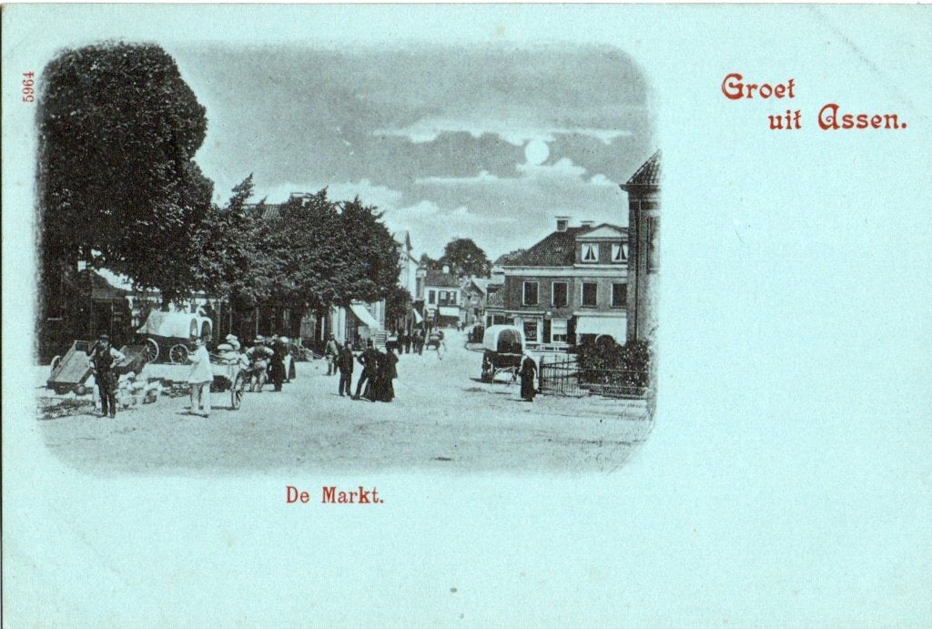 Assen, Groeten uit met De Markt. 7059, Verzamelen, Ansichtkaarten | Nederland, Verzenden, Voor 1920, Ongelopen, Drenthe
