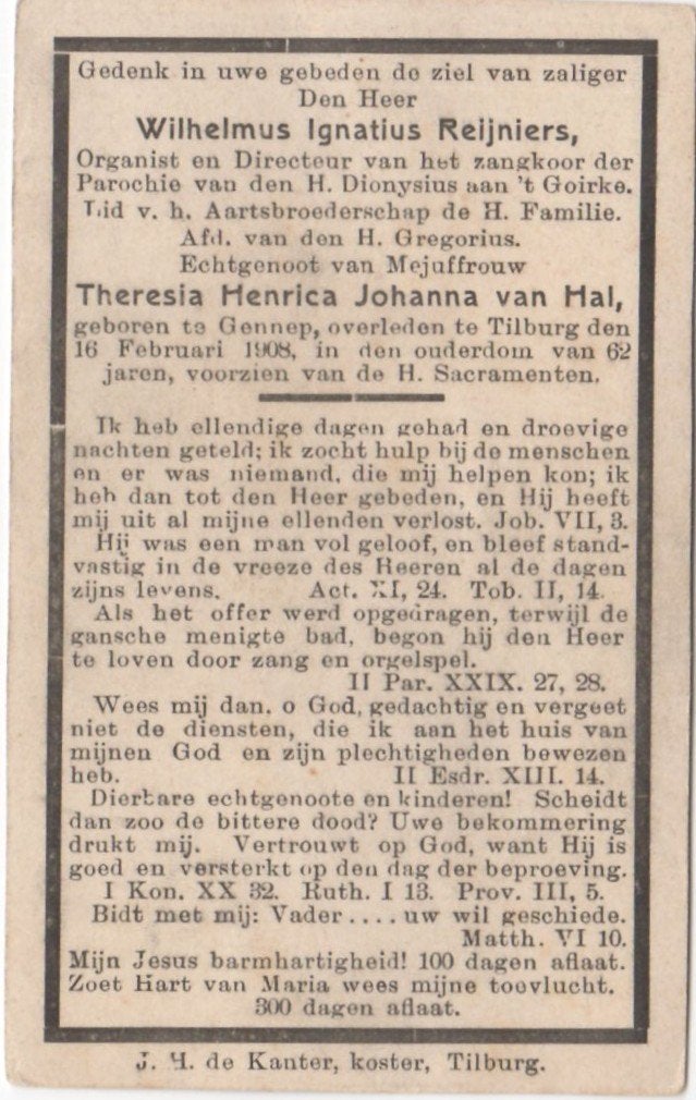Wilhelmus I. Reijniers 1845 Gennep + 1908 Tilburg, 62 jaar, Verzamelen, Ophalen of Verzenden