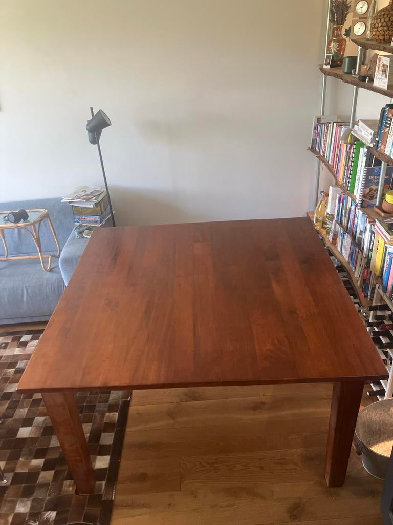 Teakhouten vierkante tafel 140x140cm, Ophalen, Gebruikt, 100 tot 150 cm, Vijf personen of meer