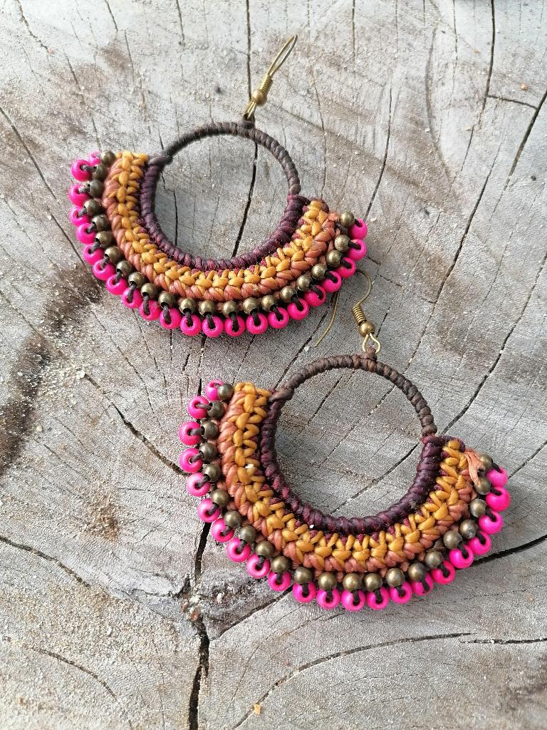 Nieuwe unieke handgemaakte oorbellen boho stijl oranje/roze, Overige materialen, Hangers, Overige kleuren, Nieuw