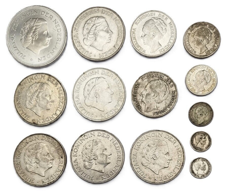 1090. Zilveren munten - Nederland, 1850–1970, Postzegels en Munten, Ophalen of Verzenden, Koningin Juliana, Setje, Zilver