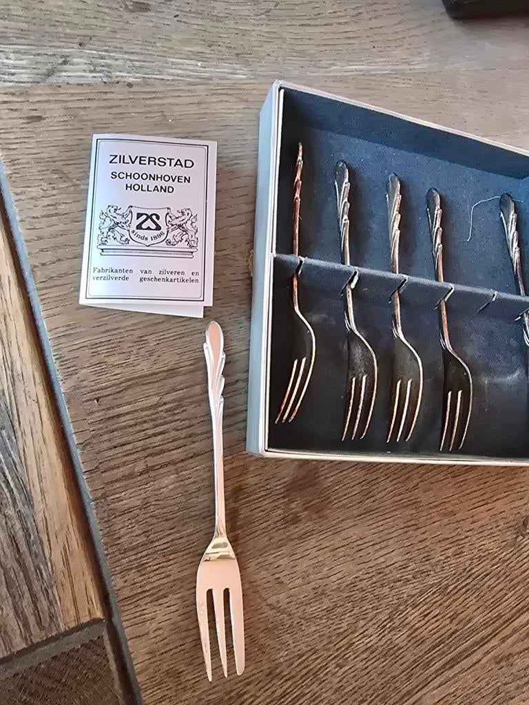 6 verzilverde gebaksvorkjes Zilverstad Schoonhoven, Antiek en Kunst, Antiek | Bestek, Ophalen of Verzenden