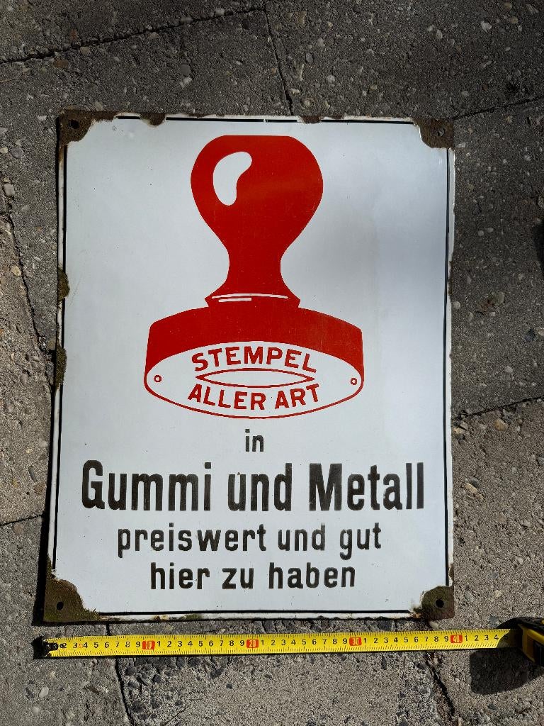 Emaille bord Stempel aller art, gummi und metall duits, Ophalen of Verzenden, Gebruikt, Reclamebord