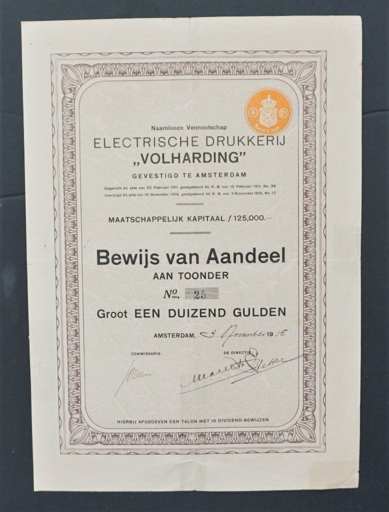N. V. Electrische Drukkerij „Volharding” - Amsterdam 1916, Verzenden, Voor 1920, Aandeel