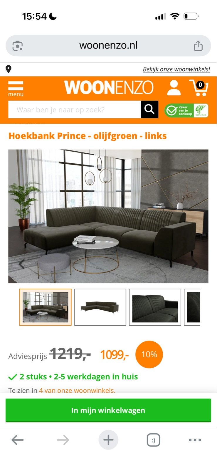 Hoekbank Woonenzo Prince | Olijfgroen | Nieuwprijs €1.099 |, Ophalen, 250 tot 300 cm, Hoekbank, Zo goed als nieuw