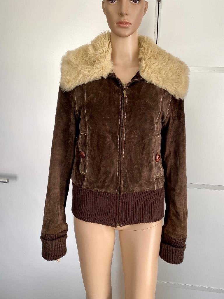 H757 Spoon maat 36=S echt-suede-leren jas winterjas bruin, Bruin, Spoon, Ophalen of Verzenden, Zo goed als nieuw