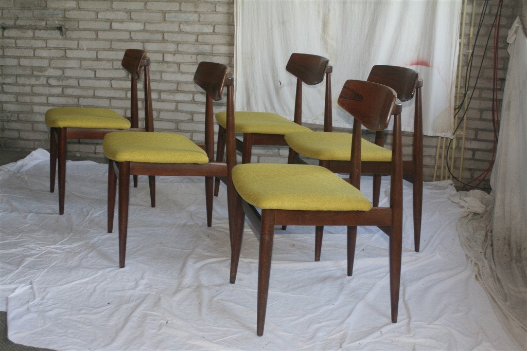 5 Vintage Deense Jaren '60 Hans Olsen Stoelen Okergeel, Ophalen, Hout, Overige kleuren, Onbekend