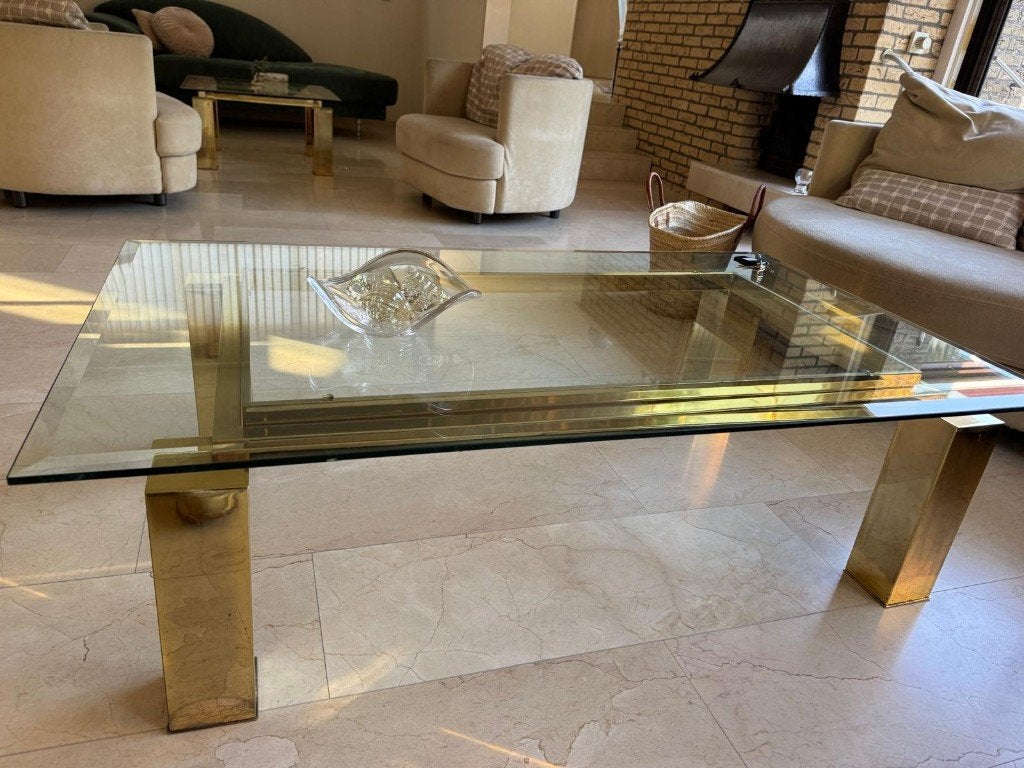 2 salontafels Facet geslepen glasplaat Messing onderstel, Ophalen, Gebruikt, 100 tot 150 cm, Klassiek