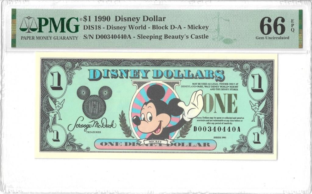 1 Disney Dollar 1990 (Pick DIS18) PMG 66 EPQ, Ophalen, Mickey Mouse, Nieuw, Papier, Kaart of Schrift