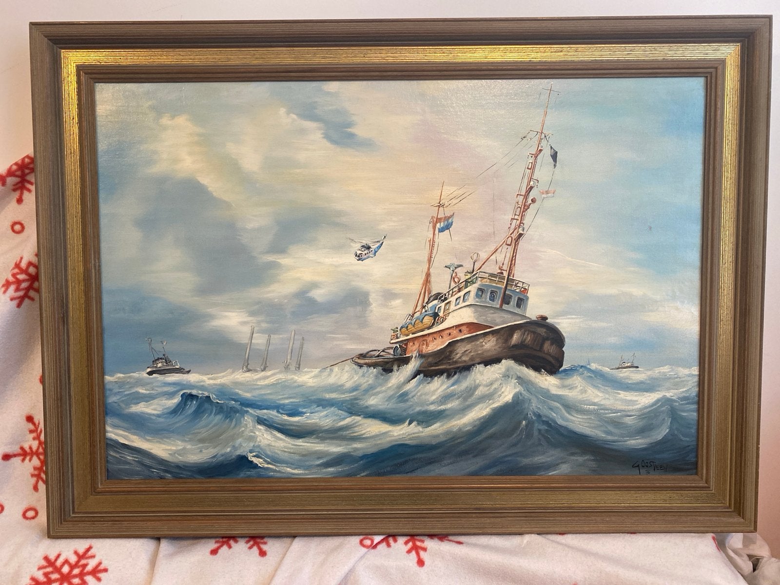 F. Oostveen - Zeesleepboot met helikopter, olieverf op doek, Antiek en Kunst, Maritiem / water, Gedateerd, Doek, Realistisch