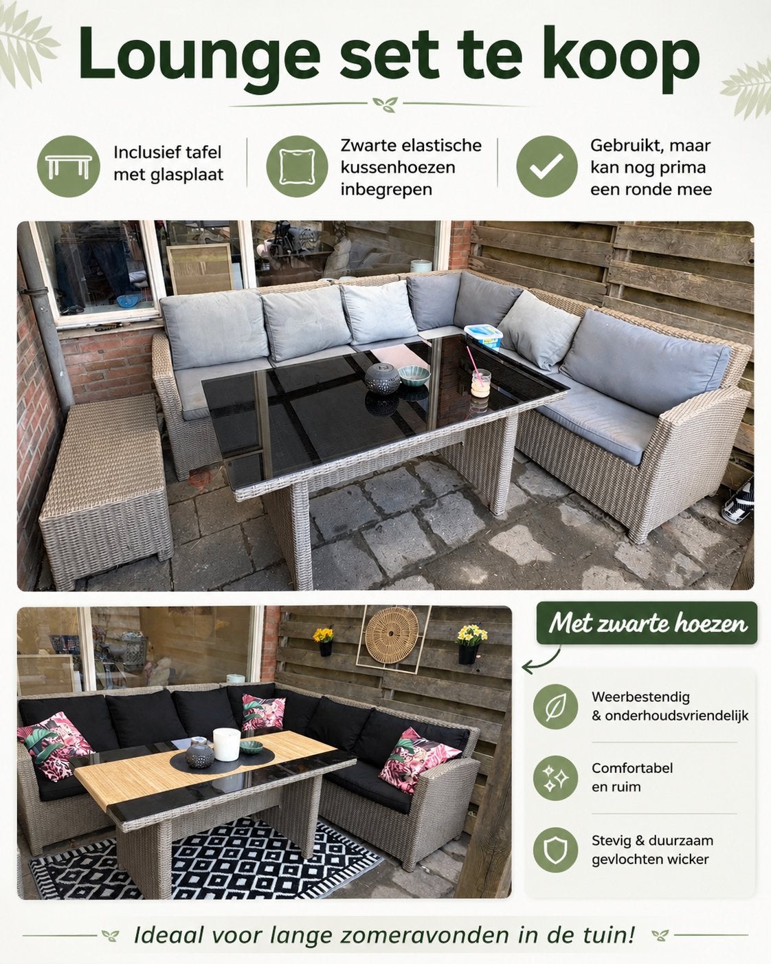 Lounge set inclusief tafel met glasplaat – kan nog even mee!, Ophalen, 5 zitplaatsen, Gebruikt, Bank