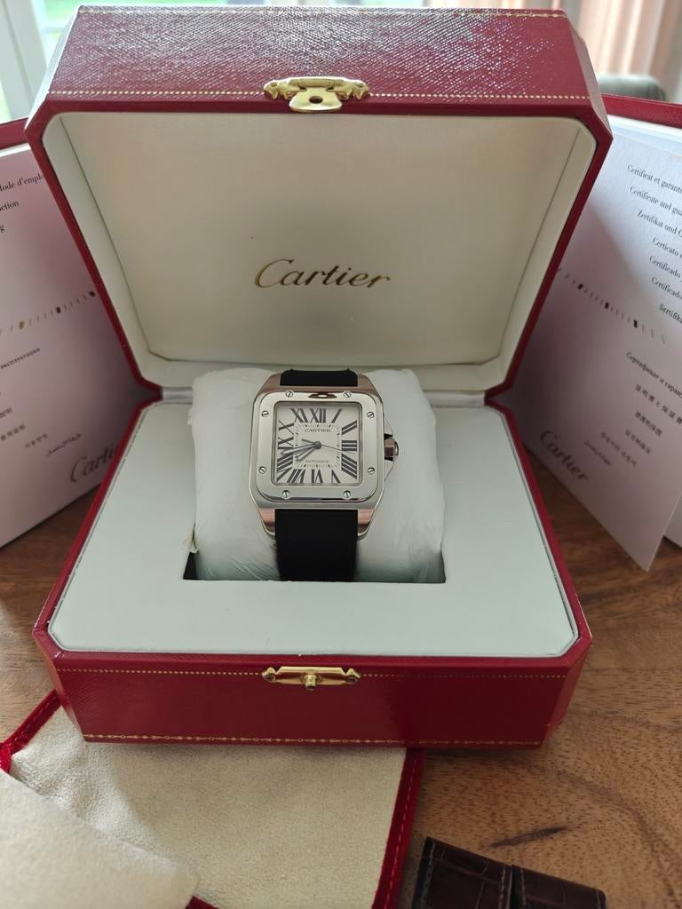 Cartier Santos 100 fullset, Sieraden, Tassen en Uiterlijk, Overige materialen, Leer, Polshorloge, Zo goed als nieuw