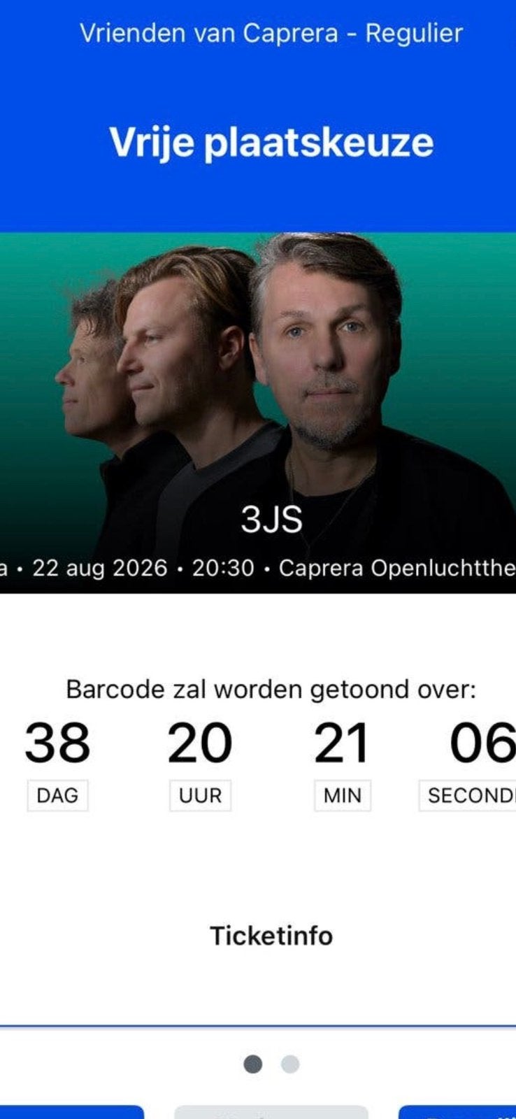 Te koop 2 avond ticketa caprera 3j”s, Tickets en Kaartjes, Twee personen, Augustus