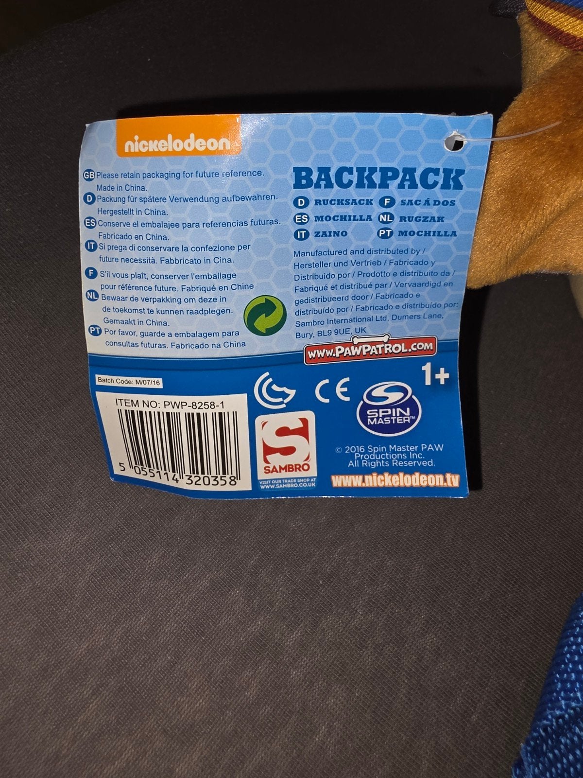 Originele Paw Patrol Chase knuffel rugzak - Nieuw met label, Overige merken, Nieuw, Middelgroot (20 tot 80 cm), Paw Patrol