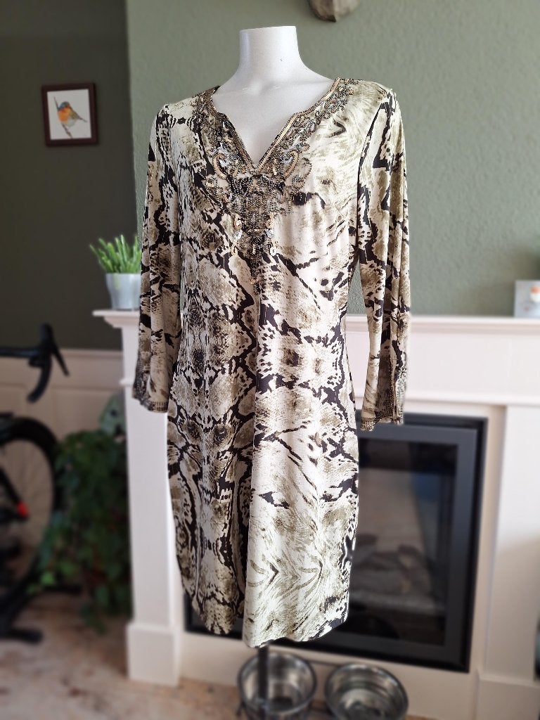 K-Design K Design groene slangen print jurk L, Kleding | Dames, K-design, Verzenden, Maat 42/44 (L), Zo goed als nieuw