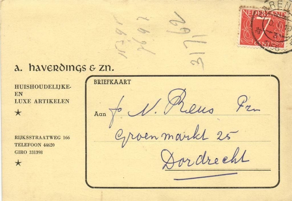 A. Haverdings + Zn. - Haren - 01.1956 - briefkaart - 1956 ge, Ophalen of Verzenden, Briefkaart